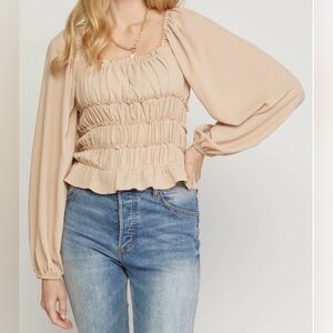 Entro Boutique Beige Ruched Long Sleeve Square Neck Bodysuit Size Medium